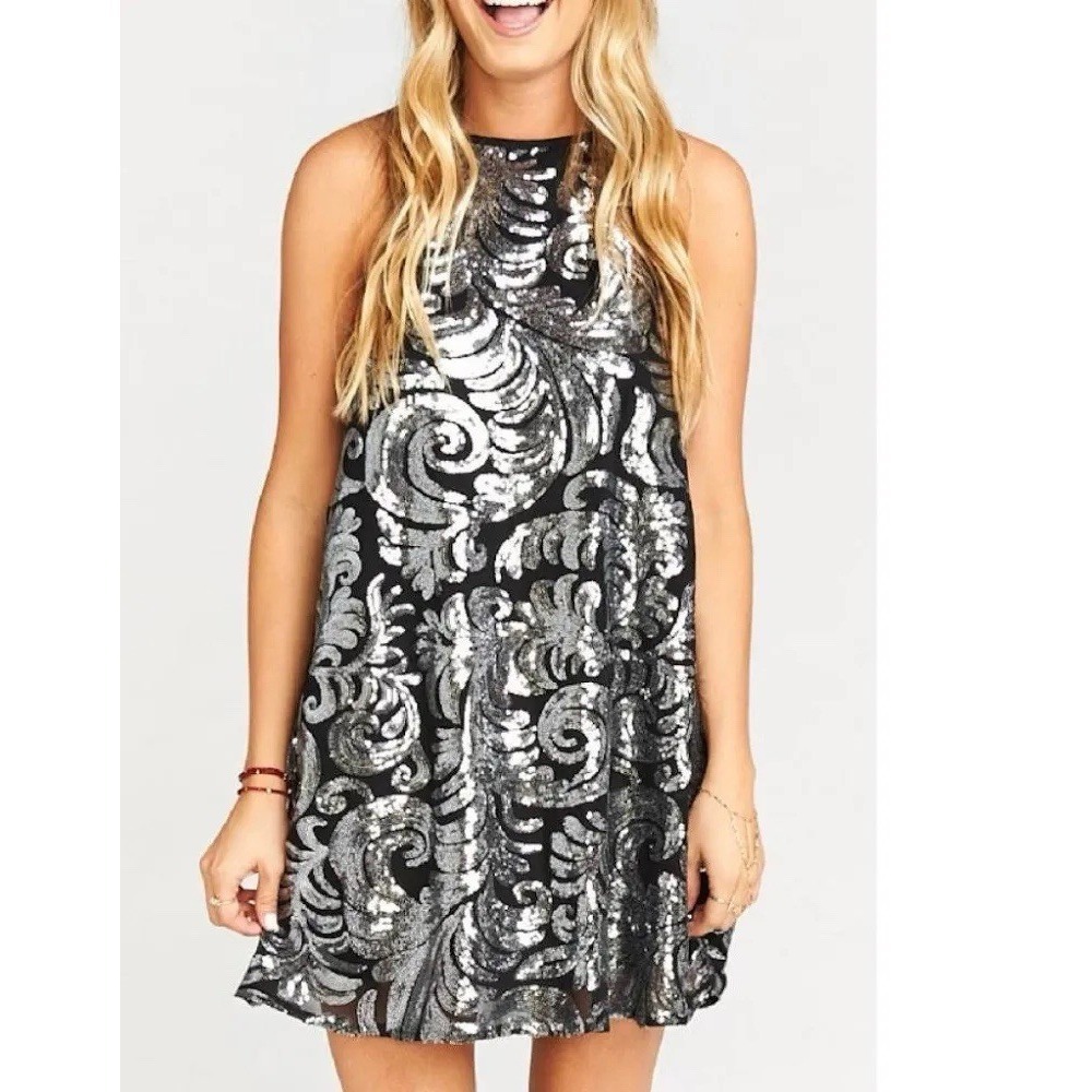 Show Me Your Mumu Gomez Sequin Dress S Silver Black Halter Neck Club Prom Party